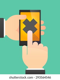 Illustration of the hands of a man using a phone showing an irritating substance sign