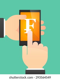Illustration of the hands of a man using a phone showing a swiss franc sign