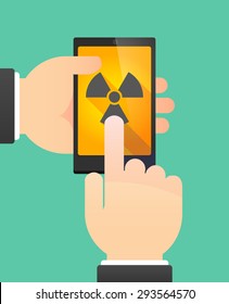 Illustration of the hands of a man using a phone showing a radio activity sign