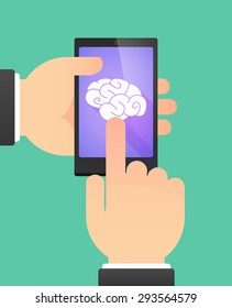 Illustration of the hands of a man using a phone showing a brain