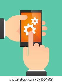 Illustration of the hands of a man using a phone showing two gears