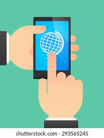Illustration of the hands of a man using a phone showing a world globe