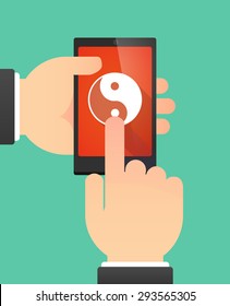 Illustration of the hands of a man using a phone showing a ying yang