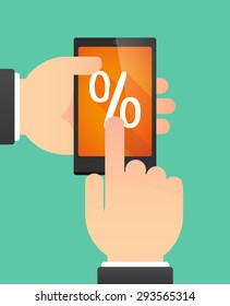 Illustration of the hands of a man using a phone showing a discount sign