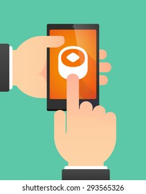 Illustration of the hands of a man using a phone showing a piece of sushi