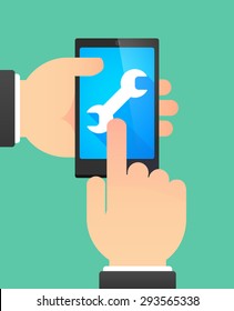 Illustration of the hands of a man using a phone showing a wrench