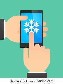 Illustration of the hands of a man using a phone showing a snow flake
