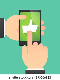 Illustration of the hands of a man using a phone showing a thumb up hand