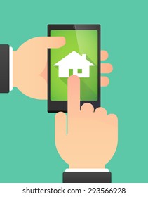Illustration of the hands of a man using a phone showing a house