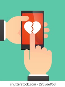 Illustration of the hands of a man using a phone showing a broken heart