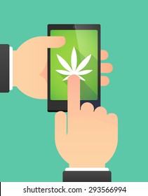 Illustration of the hands of a man using a phone showing a marijuana leaf