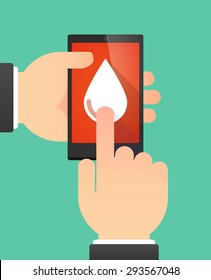 Illustration of the hands of a man using a phone showing a blood drop