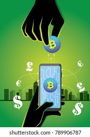 An illustration of hands with mobile phone and future currency