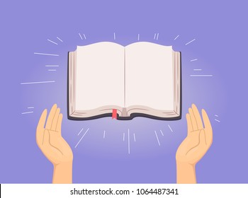 Illustration of Hands with an Open Blank Bible Shining