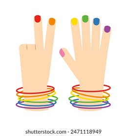 Illustration der Hände mit bemalten Nägeln und Armbändern in den symbolischen Regenbogenfarben der LGBTQ-Community. Konzeptionelles Symbol für sexuelle Ausrichtung.