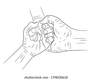 Illustration of hands of parents hold the hand of a child in isolate on a white background. Children's Day. Dad's day mom's day vector illustration.