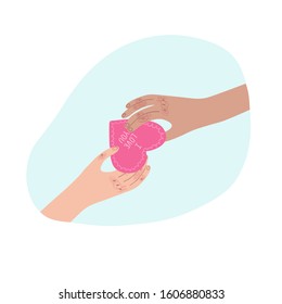 Illustration with hands passing a postcard. Valentine's day vector design concept.