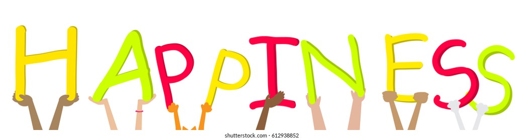 Illustration of the hands and paws that show the inscription happiness isolated.