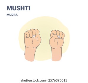 Illustration of hands performing Mushti Mudra, representing strength and emotional balance. Perfect for yoga cards, books, mobile apps, wellness brochures, and spiritual presentations.