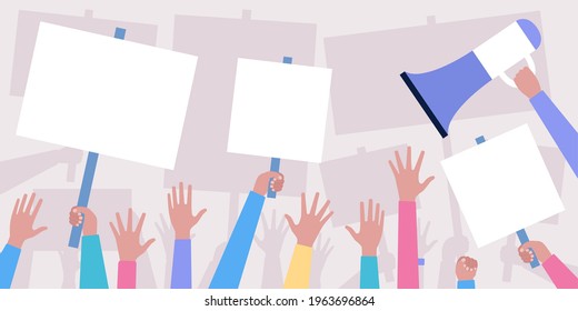 Illustration of hands with placards. Demonstration concept. Colorful flat vector illustration