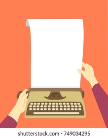 Illustration of Hands Placing a Blank White Paper In a Typewriter