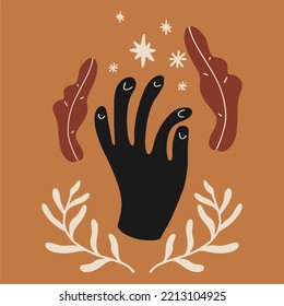 Illustration of hands, plants and abstracts. Unique print in boh style. Perfect for poster or postcard template, trendy t-shirt design.