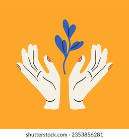 Illustration of hands, plants and abstracts. Unique print in boh style. Perfect for poster or postcard template, trendy t-shirt design.