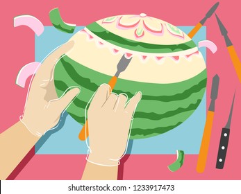 Illustration of Hands in Plastic Gloves Holding Chisel Carving Watermelon