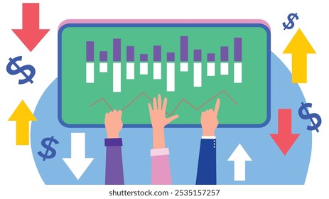 Ilustração de mãos apontando para um gráfico financeiro, apresentando setas coloridas e símbolos de moeda representando tendências de mercado e análise econômica.
