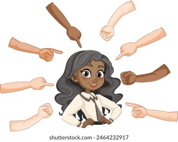 Illustration of hands pointing at a smiling woman