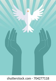 Illustration of Hands in Praise with a White Dove Flying Above and White Rays
