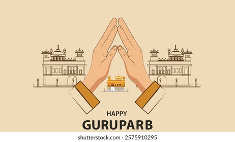 Illustration of hands in prayer pose with the Golden Temple in the background, celebrating Gurpurab, featuring a minimalist style and Sikh cultural symbolism