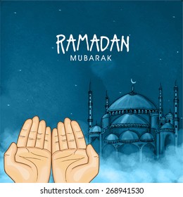 Illustration of hands praying namaz (Muslim's Prayer) infront of mosque in blue night for Islamic holy month of prayers, Ramadan Mubarak celebration. 