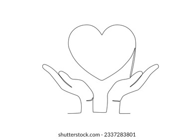 Illustration of hands protecting the heart. World heart day one-line drawing