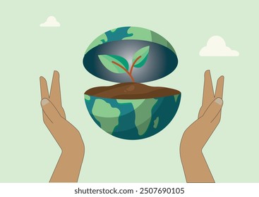 Ilustración de las manos protegiendo una tierra partida con una plántula en crecimiento. Simbolizando la conservación ambiental y la sostenibilidad. Ilustración de sostenibilidad.
