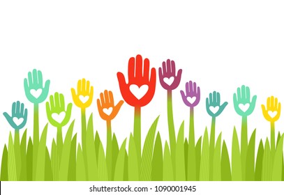 Illustration of Hands in Rainbow Colors as Flowers with Hearts