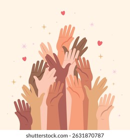 Illustration of hands raised up together, Group of human hands different skin colors. Community and support concept.