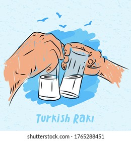 Illustration of hands raising Turkish raki