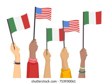 Illustration of Hands Raising United States and Italian Flags