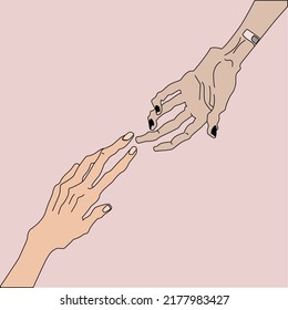 Illustration of hands reaching out to each other. Skinny hands. Flat style. Vector graphics.