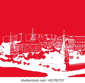 Illustration from the hands of the red square in Moscow,illustration of red square in Moscow, the red area picturesque red square in top view and red square Moscow kremlin