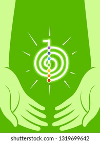 Illustration of Hands with Reiki Symbol and Seven Chakra Energy Dots