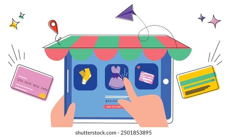 Illustration of hands shopping online through a tablet with credit cards and product selection, representing e-commerce, digital retail, and mobile shopping.

