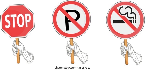 Illustration of Hands Showing Stop, No Parking & No Smoking Boards on white background