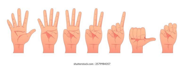 Illustration of hands showing various finger-counting gestures from six to zero. Clean lines and soft shading emphasize clarity in communication and numbering