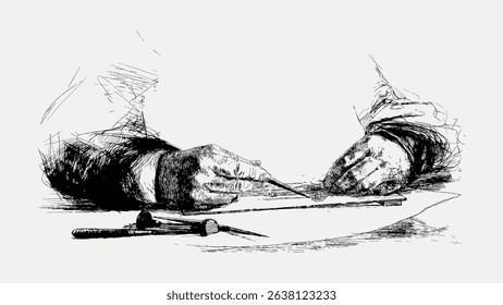 Illustration of hands sketching with a pencil and ruler. Detailed drawing of hands in artistic process. Sketching tools like pencil and ruler visible. Vintage art illustration vector.
