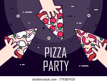 Illustration with hands and slices of pizza of different flavors. Vector banner for fast food. Thin line flat design. Invitation to pizza party. 