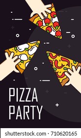 Illustration with hands and slices of pizza. Vector banner for fast food. Thin line design. 