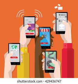 Illustration of hands with smartphones. Different applications, different hands.