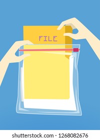 Illustration of Hands Storing Important Paper Files Inside Sealed Plastic Bag